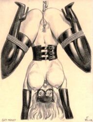 1girls 2002 arms ball_gag batman_(series) big_breasts bondage boots breasts catwoman chains corset dc_comics female female_only gag gagged high_heel_boots high_heels julius_zimmerman legs long_hair mask monochrome nipples pussy rope sketch solo suspension upside-down