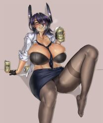 alcohol beer beer_can belt belt_buckle between_breasts black_gloves black_necktie blush bra breasts buckle can cleavage collarbone curvy eu03 eyepatch female glasses gloves headgear highres huge_breasts kantai_collection necktie necktie_between_breasts office_lady open_clothes panties pantyhose partially_fingerless_gloves pencil_skirt plump purple_hair short_hair skirt solo tenryuu_(kantai_collection) thick_thighs thighs underwear yellow_eyes