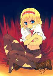 alice_margatroid blonde_hair blue_eyes boots brown_boots female headband pantyhose short_hair solo torn_pantyhose touhou yuu_(kfc)