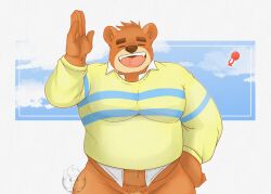 2022 animal_crossing anthro barely_visible_genitalia barely_visible_penis brown_body buffybear closed_eyes clothing genitals humanoid_hands male male_only mammal nintendo overweight overweight_male penis shirt solo teddy_(animal_crossing) topwear ursid video_games