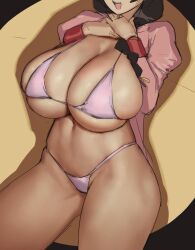 1girls 2022 bikini breasts brown_hair eu03 eyes_out_of_frame female female_only hanekawa_tsubasa hips huge_breasts long_hair massive_breasts monogatari_(series) open_clothes pink_bikini school_uniform simple_background slim_waist solo thick_thighs thighs wide_hips wip work_in_progress