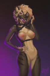 1girls anthro blonde_hair breasts brown_body brown_fur collar ear_piercing falla_(f-r95) felid female female_only fur fur_markings hair harness hi_res machairodontine mammal markings michiko_mahogani piercing purple_eyes solo tongue tongue_out