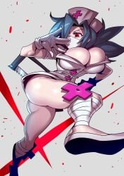 1girls ass big_ass big_breasts big_butt blue_hair breasts busty cleavage curvy face_mask fat_ass female female_focus female_only large_ass large_breasts light-skinned_female light_skin mask no_panties nurse nurse_cap nurse_uniform red_eyes skullgirls solo solo_female tagme thighs tsuki_wani tsukiwani tukiwani valentine_(skullgirls) viewed_from_below voluptuous