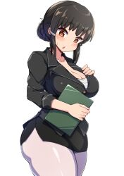 1girls absurdres alternate_costume big_ass black_hair blush breasts brown_eyes cleavage fair-skinned_female fair_skin female female_focus female_only hair_bun hair_ornament hairclip highres kantai_collection kurokoshou_(emuburemu123) large_breasts light-skinned_female light_skin miniskirt myoukou_(kantai_collection) office_lady open_mouth pantyhose sidelocks skirt solo solo_female solo_focus thick_thighs