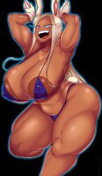 big_ass bikini black_background dark-skinned_female dark_skin huge_breasts miruko muscular_female my_hero_academia open_mouth rumi_usagiyama thick_thighs tisinrei white_hair