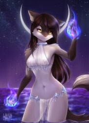 anthro breasts clothing domestic_cat felid feline felis female genitals hi_res lavender4u magic mammal moon night pussy solo translucent translucent_clothing water