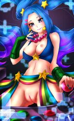 arcade_sona blue_hair breasts league_of_legends lindaroze nipples partially_clothed purple_eyes solo vagina