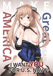 1boy abs black_gloves blush breasts brown_eyes brown_hair cowgirl_position driftkingtw english_text female fine_art_parody garter_straps gloves hair_ornament heart highres i_want_you johnston_(kantai_collection) kantai_collection looking_at_viewer make_america_great_again medium_breasts nipples no_bra no_panties off_shoulder open_mouth pov public_domain pussy_juice sex single_glove solo_focus spoken_heart straddling straight thighhighs two_side_up vaginal_penetration