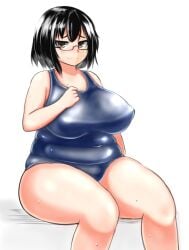 black_hair breasts brown_eyes covered_nipples embarrassed fat fat_rolls female glasses haguro_(kantai_collection) huge_breasts kantai_collection looking_at_viewer one-piece_swimsuit oozon_(ozon) plump school_swimsuit sitting solo sweat sweatdrop swimsuit thick_thighs thighs weight_conscious wide_hips