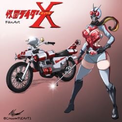 1girls bike creampieart1 female kamen_rider kamen_rider_x mask nonude thick_thighs