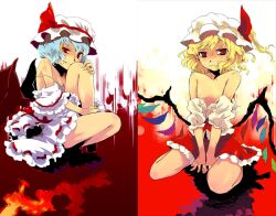 2girls asymmetrical_hair bat_wings blonde_hair blue_hair clothing cute_fang female female_only flandre_scarlet flat_chest hat headwear kneeling multiple_girls oerba_yun_fang pettanko ponytail red_eyes remilia_scarlet short_hair siblings side_ponytail sister sisters tied_hair touhou vampire wings yuu_(kfc)