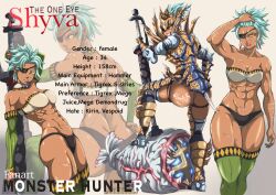 1girls armor blue_hair character_sheet creampieart1 eye_patch hammer hunter hunter_(monster_hunter) monster_hunter muscular muscular_female original_character shyva tigrex