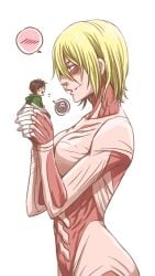 annie_leonhardt attack_on_titan blonde_hair eren_jaeger female_titan giantess kenji_siao shingeki_no_kyojin short_hair speech_bubble