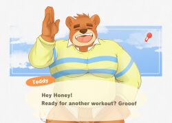 2022 animal_crossing anthro barely_visible_genitalia barely_visible_penis brown_body buffybear closed_eyes clothing english_text genitals humanoid_hands male male_only mammal nintendo overweight overweight_male penis shirt solo teddy_(animal_crossing) text topwear ursid video_games