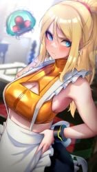 apron baby_(metroid) bangs blonde_hair blue_eyes blush bracelet breasts casual_outfit_(metroid) cleavage_cutout clothing_cutout crop_top embarrassed female highres hizake jewelry kashu_(hizake) long_hair looking_to_the_side maid_headdress medium_breasts metroid metroid_(creature) mole mole_under_mouth pants ponytail samus_aran sidelocks tomboy waitress