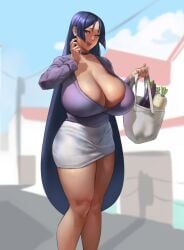 bag blue_hair breasts choker cleavage curvy earrings eggplant eu03 fate/grand_order fate_(series) female high-waist_skirt huge_breasts jewelry long_hair looking_at_viewer mature_female milf minamoto_no_raikou_(fate) minamoto_no_raikou_(fate/grand_order) no_bra pantylines pencil_skirt phallic_symbol purple_hair radish sagging_breasts shopping_bag skirt smile solo thick_thighs thighs veins veiny_breasts very_long_hair wide_hips