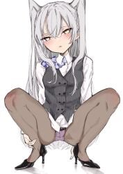 alternate_costume amatsukaze_(kantai_collection) black_legwear brown_eyes chigasaki_yukari dress_shirt female grey_vest highres kantai_collection long_hair long_sleeves looking_at_viewer no_pants office_lady panties panties_under_pantyhose pantyhose petite pink_panties shirt silver_hair simple_background solo spread_legs squatting striped striped_vest two_side_up underwear vest white_background white_shirt