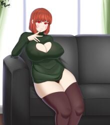 1girls breasts chara fae-sama large_breasts looking_at_viewer nipple_bulge pale_skin red_eyes red_hair thick_thighs thighhighs undertale