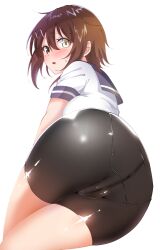 ass bike_shorts black_shorts blush brown_hair cameltoe feet_out_of_frame female furutaka_(kantai_collection) hair_ornament hairclip heterochromia highres kantai_collection looking_at_viewer looking_back panties_under_bike_shorts pantylines ryuka school_uniform serafuku shiny shiny_clothes shirt short_hair short_shorts shorts solo white_background white_shirt