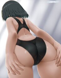 ass ass_focus ass_grab back backless_outfit bare_back black_hair competition_swimsuit cowboy_shot day dd_(ijigendd) facing_away female from_behind grabbing_own_ass highres long_hair one-piece_swimsuit original solo standing swimsuit thighs