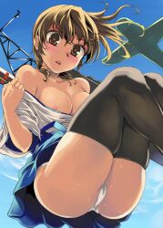 aircraft airplane bare_shoulders black_legwear blush breasts brown_eyes brown_hair female female hakama_skirt kaga_(kantai_collection) kantai_collection knees_together legs_up light-skinned lingerie medium_breasts nipples ocean off_shoulder open_mouth pantsu short_hair skindentation solo sweat thighhighs underwear viewed_from_below wafuku white_panties white_underwear wind wind_lift yuu_(kfc)