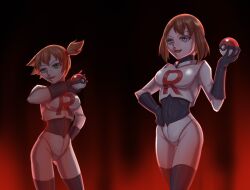 2girls aura corruption dark_persona enemy_conversion female female_only human kasumi_(pokemon) leebigtree leotard may_(pokemon) multiple_girls pale_skin pokeball pokemon smile team_rocket