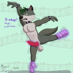 absurd_res animal_genitalia animal_penis anthro ballet balls bodily_fluids bracelet canid canine canine_penis canis clothed clothing collar dance_shoes dancewear dancing digital_media_(artwork) erection footwear forced fur genital_fluids genitals green_eyes green_hair grey_body grey_fur hair hi_res jewelry leaking leaking_precum male male_only mammal naked nude pecs penis pointe_shoes precum roquemapache_(artist) shaded shoes signature simple_background solo solo_male spiked_bracelet spiked_collar spikes struggling sweat sweatdrop wolf