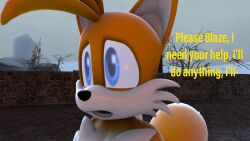 16:9 1boy 3d begging blaze_the_cat blue_eyes canine chest_tuft dialogue five_(artist) fox male male_only sad sega solo sonic_(series) source_filmmaker tails yellow_body yellow_fur yellow_hair