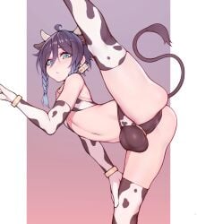 1boy ahrdkl aqua_eyes armwear big_balls bulge cow_ears cow_horns cow_print eye_contact femboy genshin_impact girly looking_at_viewer male male_only penis_bulge solo thighhighs thighs twin_braids two_tone_hair venti_(genshin_impact)