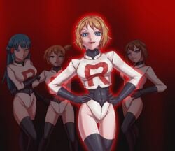 4girls aura brainwashing corruption dark_persona dawn_(pokemon) enemy_conversion female female_only kasumi_(pokemon) leebigtree leotard may_(pokemon) multiple_girls pokemon post_transformation serena_(pokemon) smile team_rocket transformation