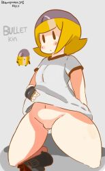 blush bottomless bullet_kin dumplis_(artist) enter_the_gungeon female fingerless_gloves gijinka gloves kneeling mob_face naked_shirt pussy shirt shirt_lift tagme