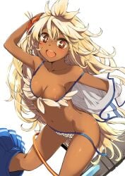 /// 1girls :d ahoge bikini blonde_hair blush breast_slip breasts bright_pupils clothing dark-skinned_female dark_skin female female_only flower frilled_bikini frilled_swimsuit frills granblue_fantasy hair_between_eyes hair_flower hair_ornament hibiscus long_hair looking_at_viewer medium_breasts navel nipple_slip nipples open-mouth_smile open_mouth red_eyes scabbard side-tie_bikini simple_background skirt skirt_around_one_leg smile solo sweat swimsuit sword undressing untied untied_bikini weapon white_background white_bikini white_hair white_swimsuit yuu_(kfc) zooey_(granblue_fantasy)