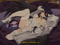 1girls ainz_ooal_gown albedo_(overlord) ass bed big_breasts black_hair bluethebone body_pillow breasts bride cleavage english_text female female_focus female_only fishnet_stockings gloves grabbing_pillow high_heels hips horns large_breasts legwear long_hair masturbating masturbation no_panties overlord_(maruyama) pussy retro_artstyle shaved_pussy skeleton solo stockings succubus thick thick_thighs thighhighs wedding_dress wedding_veil wet_pussy wide_hips wings