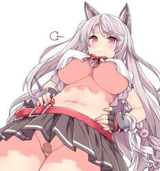 :3 =3 amane_hasuhito animal_ears azur_lane bandaid bandaid_on_pussy bangs belt belt_buckle black_skirt bottomless bottomless_skirt bow braid breasts buckle cowboy_shot crop_top crop_top_overhang eyebrows female fingerless_gloves from_below gloves hands_on_hips large_breasts long_hair looking_at_viewer mechanical_ears microskirt multicolored_nails nail_polish navel no_bra no_panties paw_print paw_tattoo pawprint pleated_skirt red_belt red_eyes red_gloves short_eyebrows side_braid simple_background skirt slit_pupils solo tattoo thick_eyebrows underboob upshirt upskirt white_background white_hair wolf_ears wolf_girl yuudachi_(azur_lane)