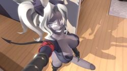 1futa 3d blackchaos64 dark-skinned_futanari dark_skin demon demon_girl demon_horns demon_tail futadom futanari grin helltaker horns huge_cock judgement_(helltaker) selfie sfm solo solo_futa tail white_hair