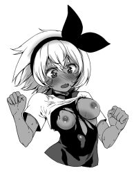 accidental_exposure bea_(pokemon) blush embarrassed female headband large_breasts monochrome no_bra pokemon pokemon_ss short_hair solo torn_clothes yuu_(kfc)