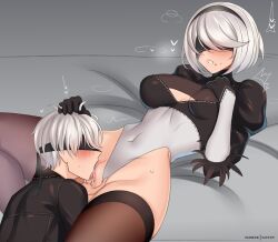 1boy 1girls blindfold blush bodysuit cunnilingus fingering fingering_partner head_grab nier:_automata nier_(series) on_back on_bed saecchi short_hair spread_legs thighhighs white_hair yorha_2b yorha_9s