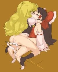 2girls ass black_socks blonde_hair bottomless bow brown_hair couple crotch_rub detached_sleeves female female_only footwear kiss kissing long_hair marisa_kirisame miko multiple_girls mutual_yuri nude randou reimu_hakurei socks sweat touhou vaginal_juices wafuku yuri