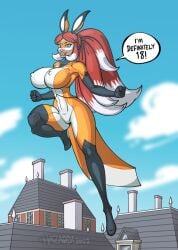 1girls 2022 5:7 aged_up alya_cesaire clouds dark-skinned_female deviantart female female_only firstedition grown_up huge_breasts jumping miraculous_ladybug red_and_white_hair rena_rouge roof solo superhero_costume superheroine white_clouds