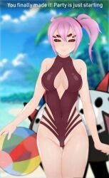 6_eyes adeline_de_la_tolie beach beach_ball looking_at_viewer lowres monster_girl monster_girl_island pink_hair red_eyes spider spider_girl swimsuit talking_to_viewer unknown_artist