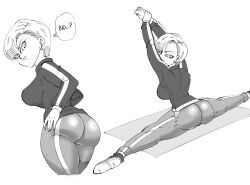 1girls android_18 ass big_ass black_and_white black_and_white_drawing bubble_butt clothed dat_ass dragon_ball earrings female female_focus female_only funsexydragonball looking_back milf short_hair solo solo_focus splits spread_legs text thought_bubble yoga_mat yoga_pants