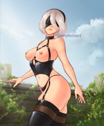 1girls blindfold choker erominart latex nier:_automata nier_(series) nipple_piercing pierced_nipples piercing piercings short_hair solo thick_thighs thighhighs white_hair yorha_2b