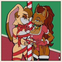 2girls alicia_acorn anthro ardan_norgate blue_eyes blush bow_tie brown_eyes brown_fur brown_hair bunny_ears cartoony chipmunk chipmunk_humanoid christmas christmas_outfit crown female female_only furry furry_female gloves lagomorph lagomorph_humanoid licking_pole looking_at_viewer mammal mammal_humanoid milf neckwear open_mouth panties queen rabbit red_gloves red_hair ribbon_bondage ribboned_body ribbons rodent rodent_humanoid sonic_(series) sonic_the_hedgehog_(archie) sonic_the_hedgehog_(comics) squirrel stockings tagme tan_body tongue tongue_out vanilla_the_rabbit white_fur wrapped