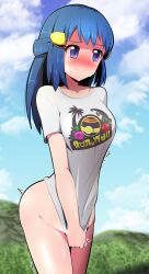 1girls 2022 akari_(pokemon) blue_eyes blue_hair blush bottomless bottomless_female breasts embarrassed female female_only game_freak halubato hips human human_only long_blue_hair long_hair luxury_ball medium_breasts nintendo no_panties outdoors pokeball pokemon pokemon_legends:_arceus shirt shirt_only shirt_pull shirt_tug shy slim_waist solo thick_thighs