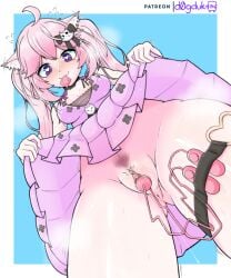 ahoge anus big_breasts breasts cat_ears catgirl condom condom_in_mouth condom_wrapper d0gduk double_penetration erect_clitoris heart-shaped_pupils nekomimi nipple_bulge no_panties nyatasha_nyanners pink_hair pubes pubic_hair purple_eyes pussy pussy_juice pussy_juice_drip skirt skirt_lift spread_pussy vibrator vibrator_in_pussy vibrator_under_clothes virtual_youtuber vshojo