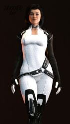 1girls 3d black_boots black_hair blue_eyes bodysuit female female_only jaxxxer looking_at_viewer mass_effect mass_effect_2 medium_breasts miranda_lawson pinup realistic sfw simple_background smile solo thick_thighs