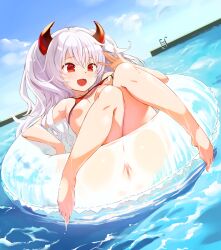 bangs bare_legs barefoot bikini bikini_pull bombergirl cloud day dutch_angle feet female female grim_aloe horns innertube legs long_hair lying micro_bikini nipples oerba_yun_fang on_back open_mouth outdoors pool red_bikini red_eyes red_swimsuit silver_hair skin_fang smile solo summer swimsuit transparent wet yuu_(kfc)