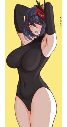 1girls armpits arms_up bodysuit genshin_impact kujou_sara large_breasts leotard purple_hair saecchi solo thick_thighs