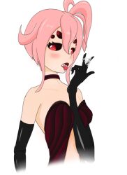 6_eyes adeline_de_la_tolie collar cum_between_fingers cum_in_mouth eating_cum long_gloves monster_girl monster_girl_island opera_gloves pink_hair red_eyes spider spider_girl unknown_artist