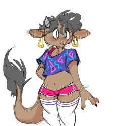 1:1 2021 80's_theme accessory anthro big_tail biped blush bottomwear bovid bovine bracelet broken_horn brown_body brown_fur cattle chest_tuft claws clothed clothing crop_top digital_media_(artwork) ear_piercing female flat_chested fur grey_hair grey_horn hair hi_res horn jewelry legwear looking_at_viewer mammal manitka manitka_(character) midriff navel piercing shirt shorts simple_background smile solo stockings thigh_highs topwear tuft white_background